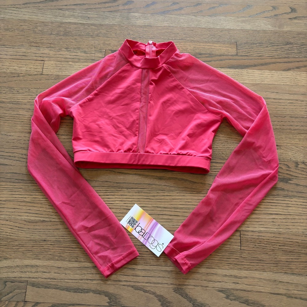 Balera BT5241 Mesh Long Sleeve Mock Neck Crop Top Coral Pink Dance Size M NEW
